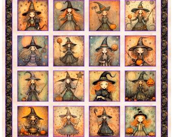 Witchypoo Witch Picture Patches, full yard 36" x 43", from QT Fabrics, Halloween Fabric, 100% Cotton, 31933X, 31934-E Tan