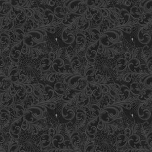May include: A seamless fabric pattern featuring a dark charcoal gray background with intricate black damask scrollwork and delicate spider web designs layered throughout. Small, subtle spider silhouettes are integrated into the dark motif.