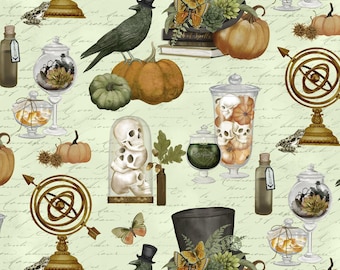 Dark Academia Terrariums in Sage from White Owl Textiles, BTHY (by the 1/2 yard, continuous cut), #W100-017-672, 100% cotton quilting fabric