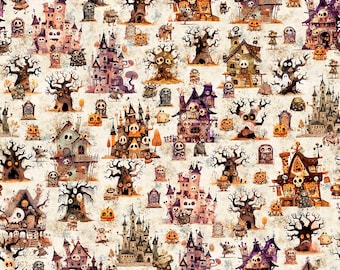 A Haunting We Will Go from QT Fabrics, Haunted Landscape, Oatmeal, BTHY Sold by the half yard (continuous cut) and Fat Quarters, 31945-E