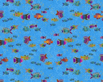 Oceania fabric from Laurel Burch Studio and Clothworks, Blue Gold Metallic Oceania Fish, Y4704-90M
