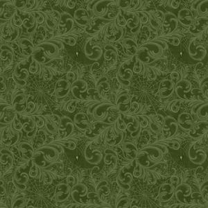 May include: A dark olive green fabric featuring a repeating pattern of intricate, swirling acanthus leaf scrolls layered over a delicate, fine-lined spider web design. Small, subtle spider silhouettes are integrated into the web pattern.