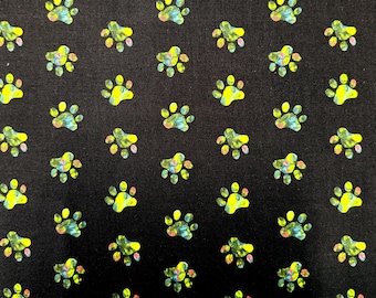 Paw Prints on black from Henry Glass, Quilting Fabric, BTHY (Sold by the half yard continuous cut) and Fat Quarters,  1930-96, 100% Cotton