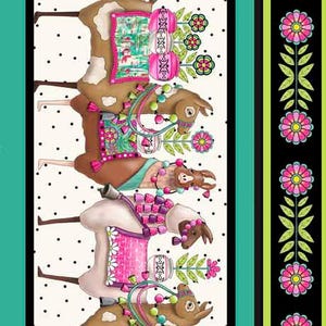 May include: A colorful illustration featuring several llamas adorned with decorative saddles, necklaces, and accessories. The llamas are in various shades of brown and white, set against a backdrop of polka dots and floral patterns. The design includes a vertical stripe with flowers.