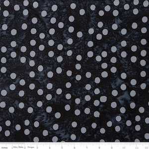 May include: A fabric with a dark blue background and a pattern of evenly spaced, light gray polka dots. The fabric has a subtle, marbled texture, and the dots are of a consistent size and shape. The design is simple and classic.