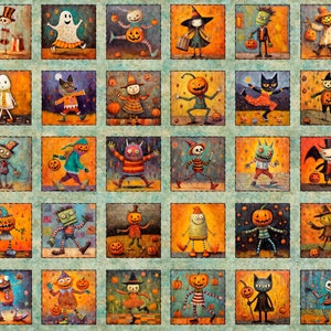 May include: A colorful patchwork quilt with a Halloween theme. Each square features a different character, including ghosts, pumpkins, witches, and monsters. The quilt is made of a variety of fabrics and textures, and the characters are all brightly colored and whimsical.