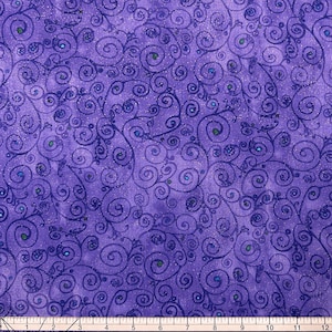 May include: A close-up of a purple fabric with a swirling, ornate design. Dark blue, glittery vines and curls cover the surface, with small teal and green accents. The fabric has a textured appearance.