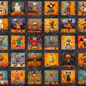 May include: A Halloween-themed quilt featuring 30 square panels, each with a unique, whimsical character. The characters include ghosts, pumpkins, witches, and monsters, all set against a textured gray background with orange and yellow hues.