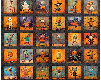 Halloween Patches Quilting Fabric Panel from QT Fabrics, Creepin' It Real, Full Yard panel 36" x WOF, Style 30385-K Charcoal, 100% Cotton