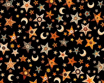 A Haunting We Will Go Stars and Moons, Black, from QT Fabrics, BTHY Sold by the half yard (continuous cut) and Fat Quarters 31948-J