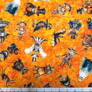 Quilting Fabric, by the Half Yard (cut as continuous), QT Fabrics, Jeepers Creepers Halloween Character Toss - Orange, Style 31009-O