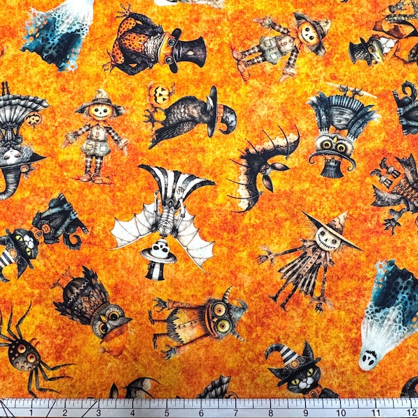 Quilting Fabric, by the Half Yard (cut as continuous), QT Fabrics, Jeepers Creepers Halloween Character Toss - Orange, Style 31009-O