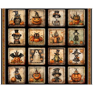 May include: A Halloween-themed fabric panel featuring 16 square illustrations of spooky characters. Each square showcases a different character, including an owl, pumpkin, cat, spider, and ghost, all with a vintage, watercolor style. The characters are surrounded by pumpkins.
