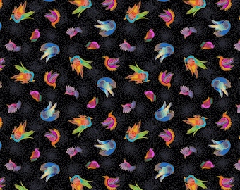 Quilting Fabric, Sold by the 1/2 Yard (continuous cut), Laurel Burch Fantasticats, Scattered Birds, Black, Y4346-3