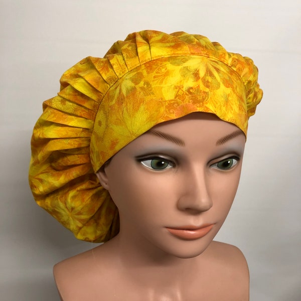 Scrub Hat, Pleated Bouffant Style, Wide Band, Bright Golden Yellows, Kaleidoscope Style Print, 100% Cotton, One Size Fits Most