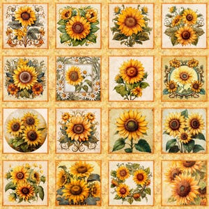 Sunflower Serenade from QT Fabrics, Full Yard Panel, Sunflower Picture Patches, 8" Squares, Maize, 31801-S