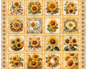 Sunflower Serenade from QT Fabrics, Full Yard Panel, Sunflower Picture Patches, 8" Squares, Maize colorway, 31801-S