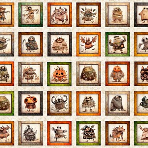 May include: A collection of framed watercolor illustrations featuring various whimsical monsters. Each monster has a unique design, with details like bandages, pumpkin heads, and bat wings. The frames have orange, green, and gray borders, set against a textured off-white background.
