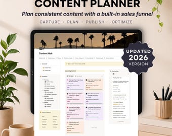 Mall för innehållsplanerare för Notion: Strategi och arbetsflöde för skapare av sociala medier, publiceringsschema + kalender, KPI-spårare