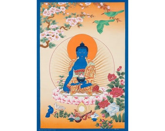 Pintura de Thangka do Buda da Medicina: Arte de Cura Nepalesa, 76 x 50 cm