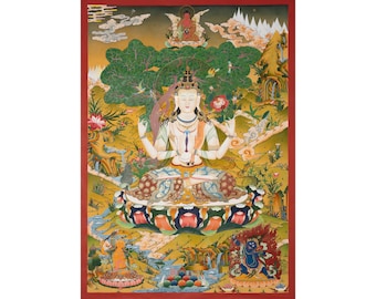 Arte mural Chenrezig Thangka, pintura del Buda de la Compasión Avalokiteshvara, meditación budista tibetana.