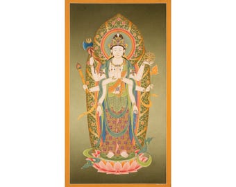 Thangka kannon japonais à 8 bras - Toile originale Bodhisattva de la compassion peinte à la main - B01580