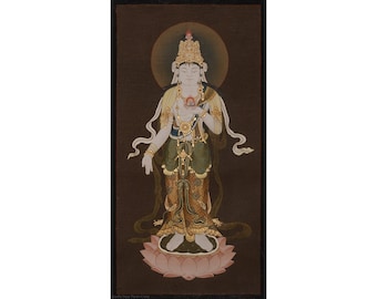 May include: A painting of a deity standing on a pink lotus flower. The deity is wearing a crown, a white robe, and a green and gold garment. The deity is holding a red heart in their hands.