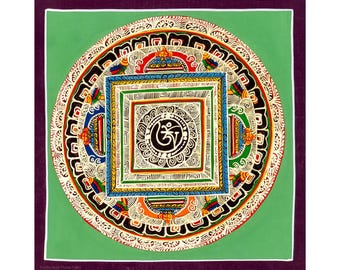 Handgefertigtes Mantra Mandala Thangka: 24K Gold Meditationskunst (21 x 21 cm)