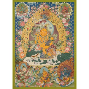May include: A colorful thangka painting featuring a central yellow deity holding a mongoose, seated on a green snow lion. The composition includes intricate floral patterns, smaller deities in the corners, and a golden flame-shaped mandorla.