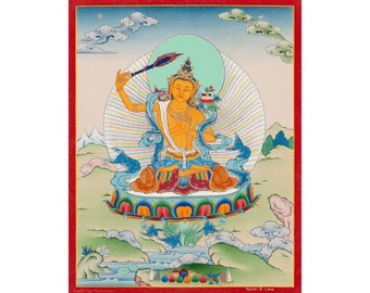 Thangka Manjushree pintado a mano: arte de meditación budista tibetana (33 x 26 cm)