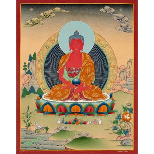 Handmade Amitabha Buddha Thangka Painting: Tibetan Wall Decor (33x26 cm)