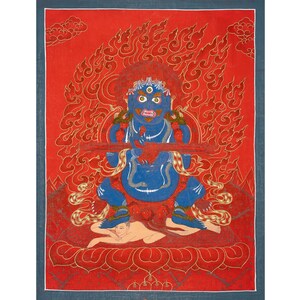 May include: A vibrant painting of a blue deity with multiple eyes, seated on a lotus flower. The figure is surrounded by red flames against a red background, with a light-skinned figure at the base. The artwork has gold accents and a blue border.