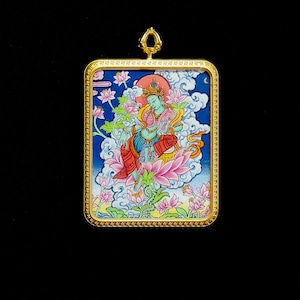 Green Tara Thangka Pendant – Exquisite Handcrafted Buddhist Jewelry-B12391