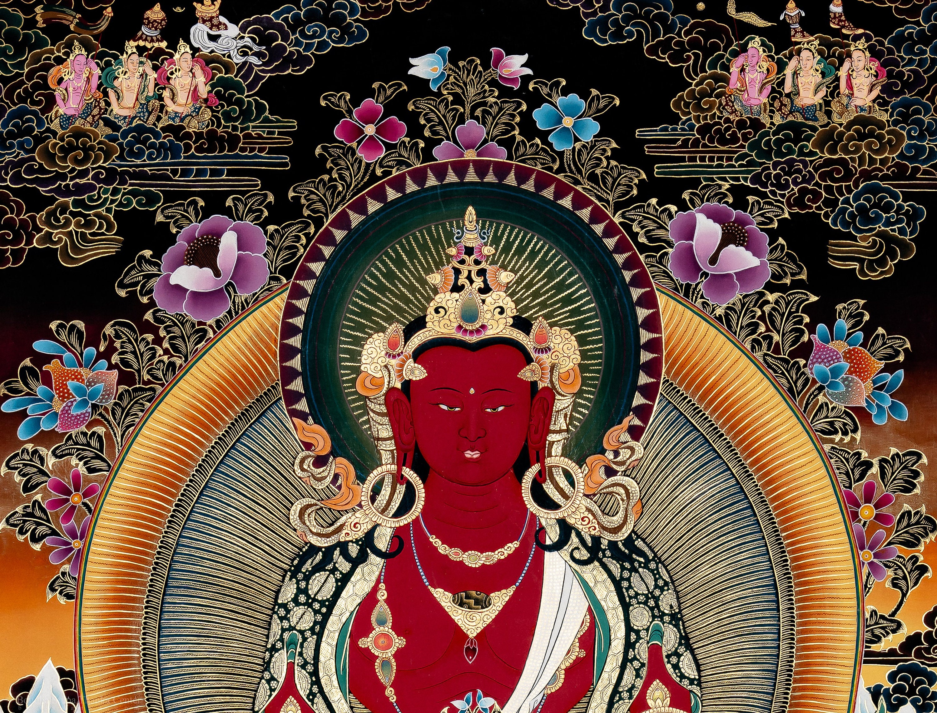 チベットの仏画 阿弥陀如来 手描き ヴィンテージの阿弥陀如来