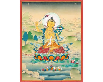 Radiant Manjushree Thangka – Handcrafted Tibetan Art for Enlightenment | Original | Wall-Decor | Hand-Made | Buddhist Thangka - B07394