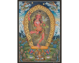 Ręcznie malowana Dorje Phamo Thangka | Tybetański zwój ołtarzowy z buddyjską sztuką wadżrajany - S14353