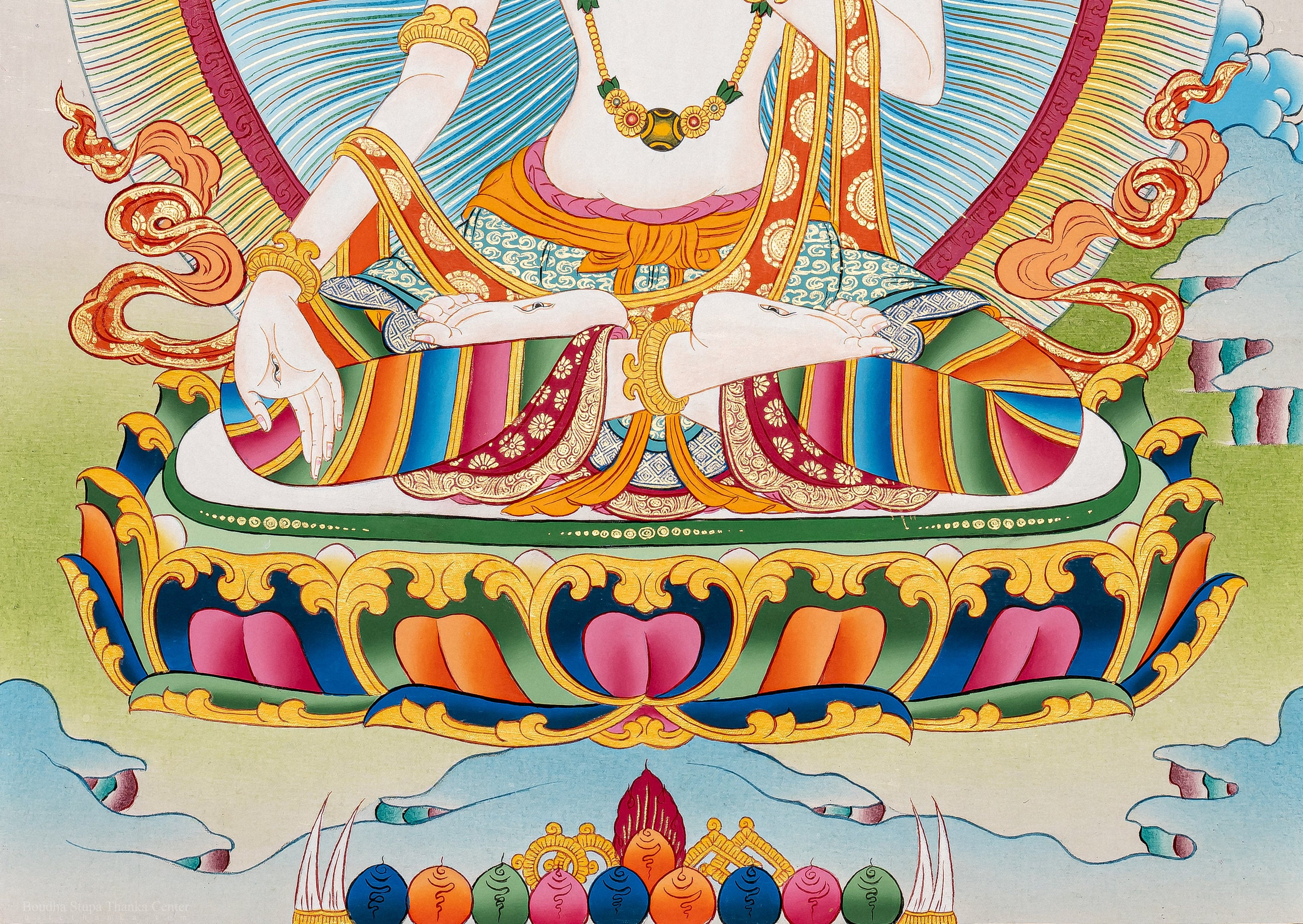 白ターラタンカ：チベット仏教美術、24Kゴールド、コットンキャンバス