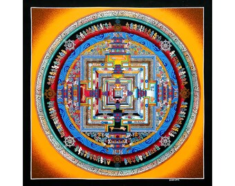 May include: A colourful mandala with a square pattern in the centre surrounded by a circular pattern with intricate details and text in a Tibetan language. The mandala is set against a yellow background.