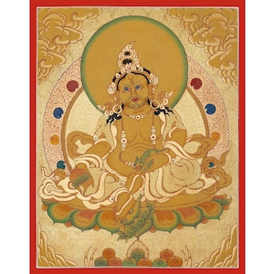 Golden Zambala Thangka: Handcrafted Tibetan Wealth Symbol (29x22 cm)