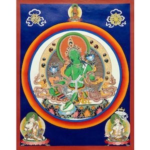 Groene Tara Thangka: handgeschilderde Tibetaanse kunst, godin van mededogen