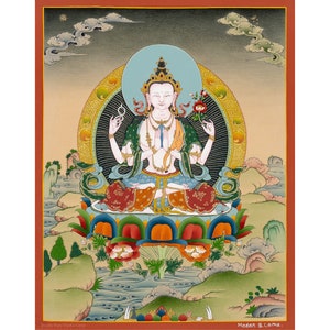 Traditional Buddhsit Chenrezig Thangka Compassion and Universal Love - Traditional Tibetan Artwork, Lotus & Mantra Detailing - B10410