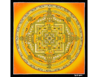 May include: A yellow and gold mandala with intricate details and a black border. The mandala is surrounded by a yellow background with a gradient to orange. The text "Lal B Lama" is in the bottom right corner.