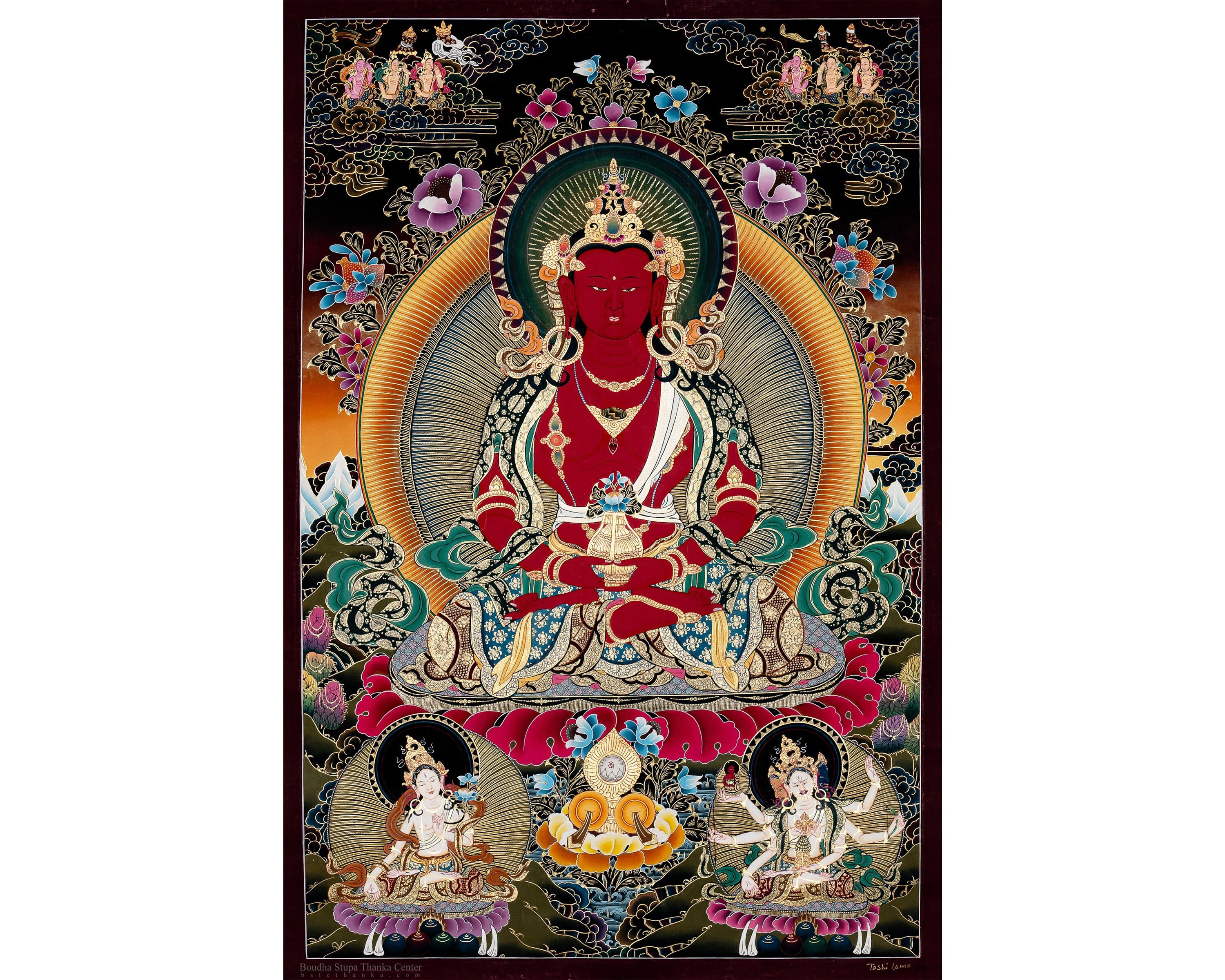 チベットの仏画　阿弥陀如来　手描き 手描きの阿弥陀如来タンカ：室内装飾に最適なチベット美術