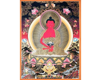 May include: A traditional Tibetan thangka painting depicting a red Buddha seated in meditation on a lotus throne. The Buddha is surrounded by a golden halo and intricate floral designs.