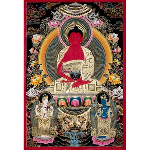 Amitabha Buddha Thangka Painting: Handmade Tibetan Wall Art with Gold