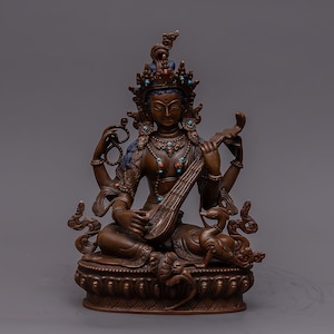 Handcrafted Saraswati Brass Statue – Sacred Hindu Goddess Sculpture for Wisdom and Arts | Hindu Statue | Saraswati Statue-U00055
