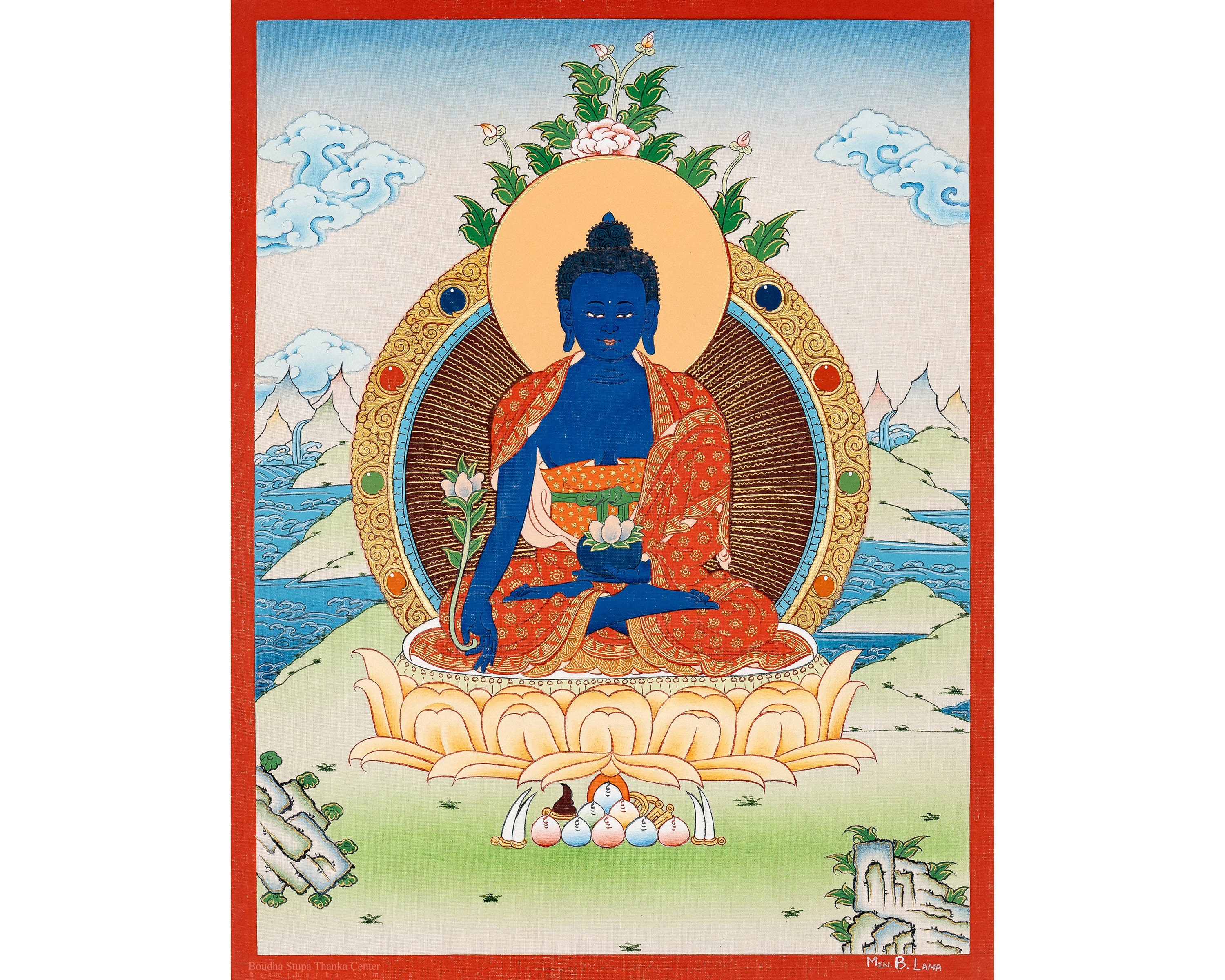 Tibetan Religious Medicine Buddha Thangka Artwork | Beautiful | Hand-Painted | Wall-Decor | From The Land Of Himalayas - B09077