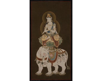 May include: A white deity with a crown sits on a white elephant with a golden saddle and ornate decorations. The deity is surrounded by a halo and sits on a lotus flower. The background is a dark green.