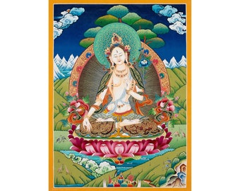 Thangka de Tara Blanca pintada a mano: Decoración espiritual para el hogar (56 x 41 cm)