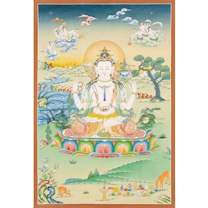 Chenrezig Thangka Painting: Handmade Buddhist Art on Cotton Canvas